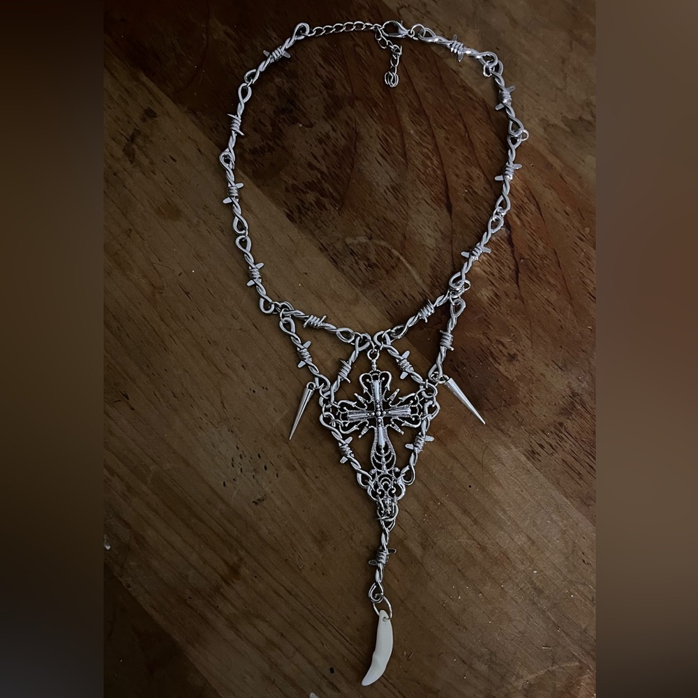 Handmade Gothic Silver Cross Necklace With Real Fox Tooth